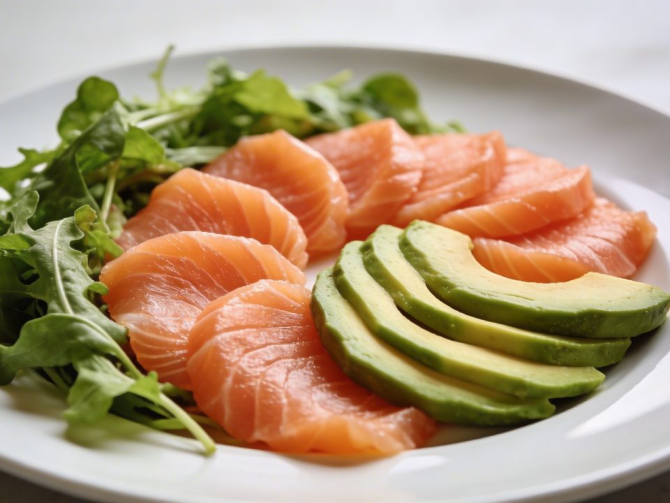 Assiette blanche avec salade verte saumon fume avocat tranches