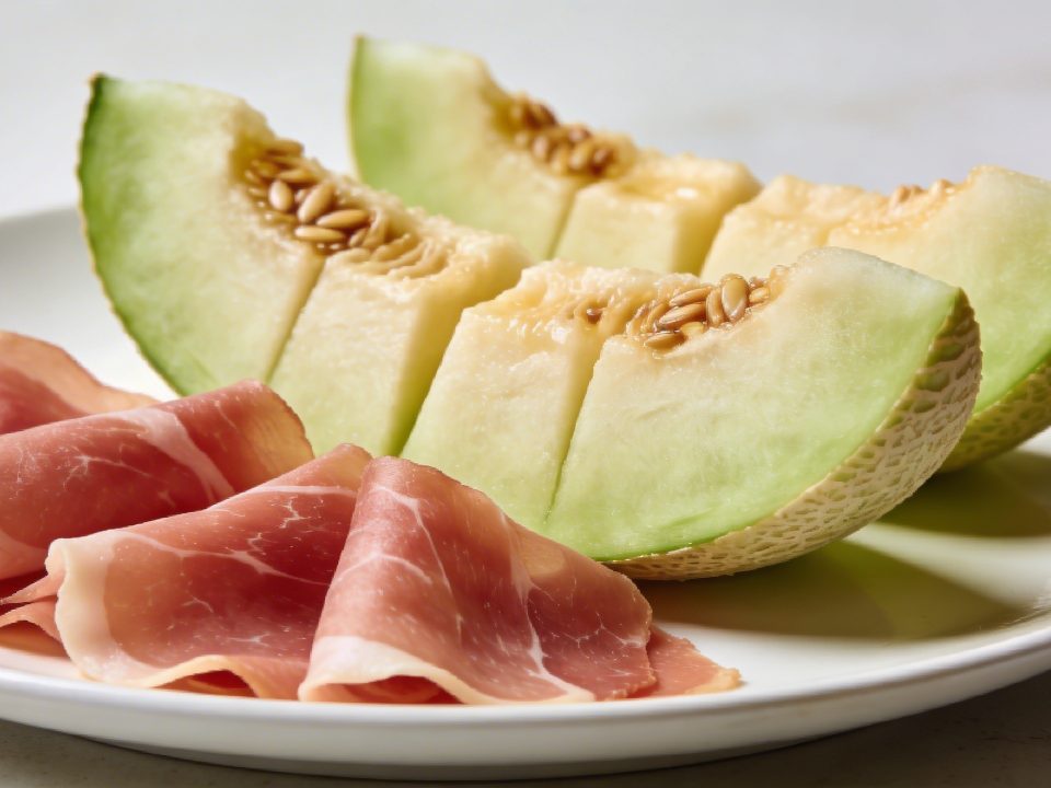 Assiette blanche avec tranches de melon et jambon cru
