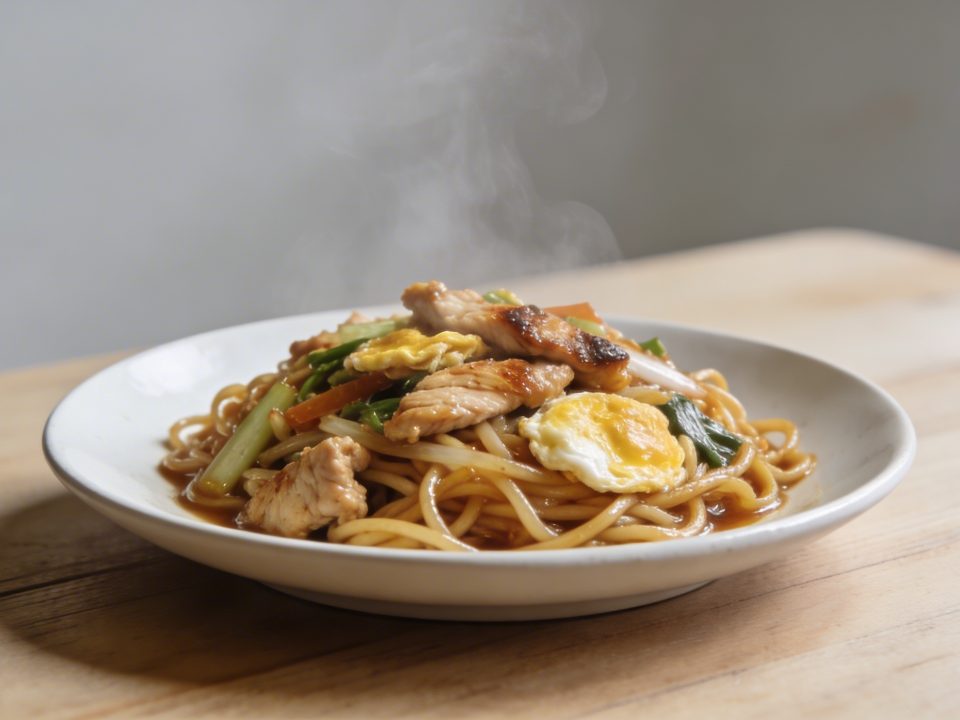 Assiette de nouilles sautees au poulet thai fumant