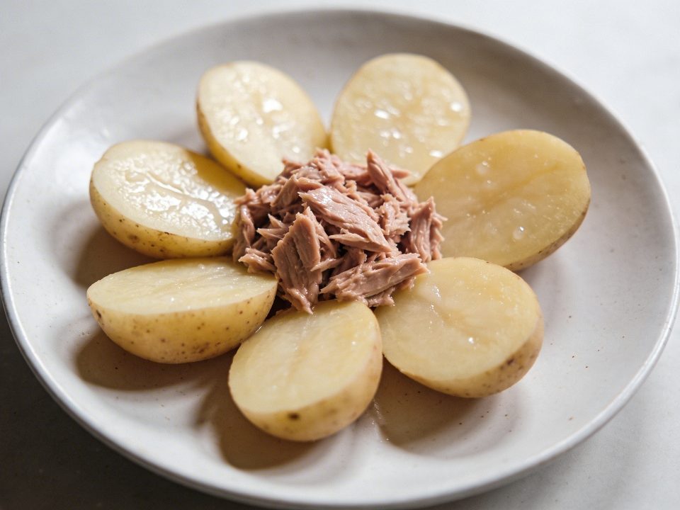 Assiette de pommes de terre et thon, vue de dessus