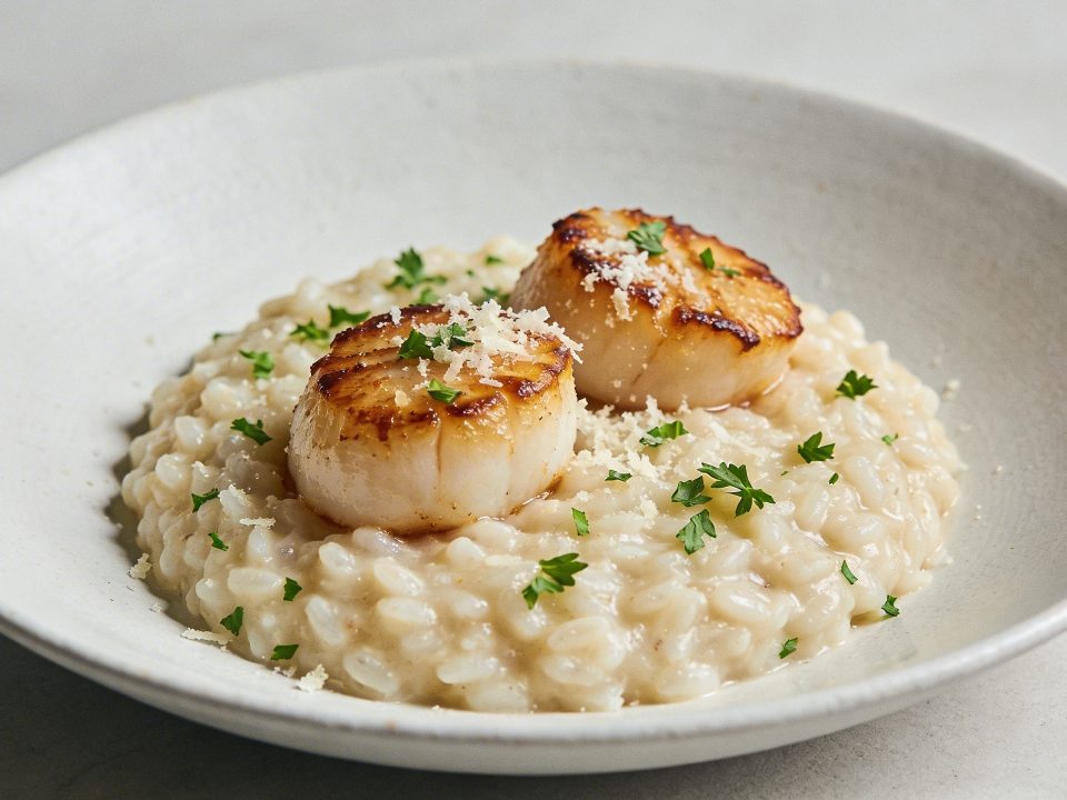 Assiette de risotto cremeux avec noix de saint jacques poelees