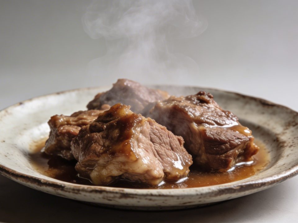 Assiette rustique de joues de porc mijotees vapeur fumante