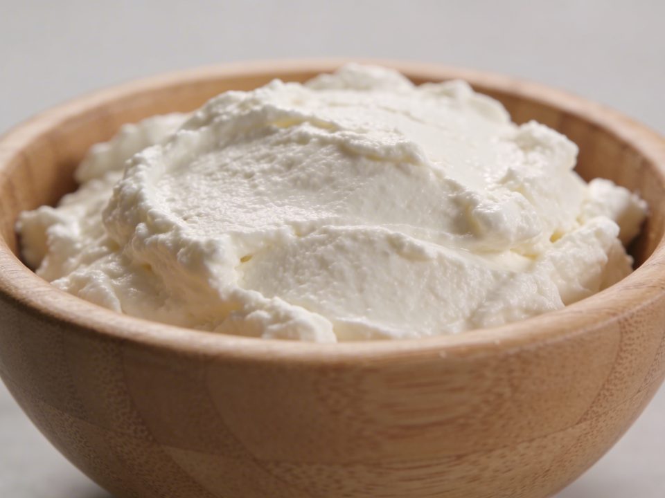 Bol en bois rempli de fromage frais blanc