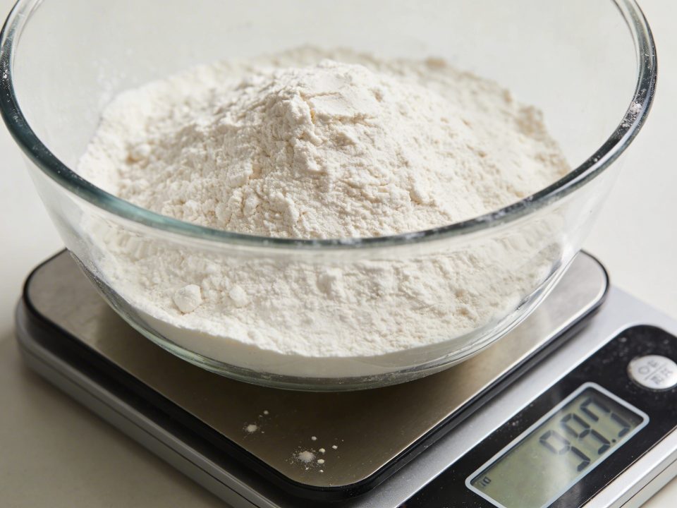 Un bol de farine pesee sur balance de cuisine