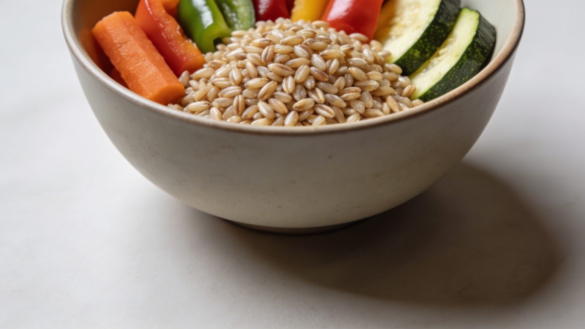 Bol de petit epeautre cuit avec legumes colorés