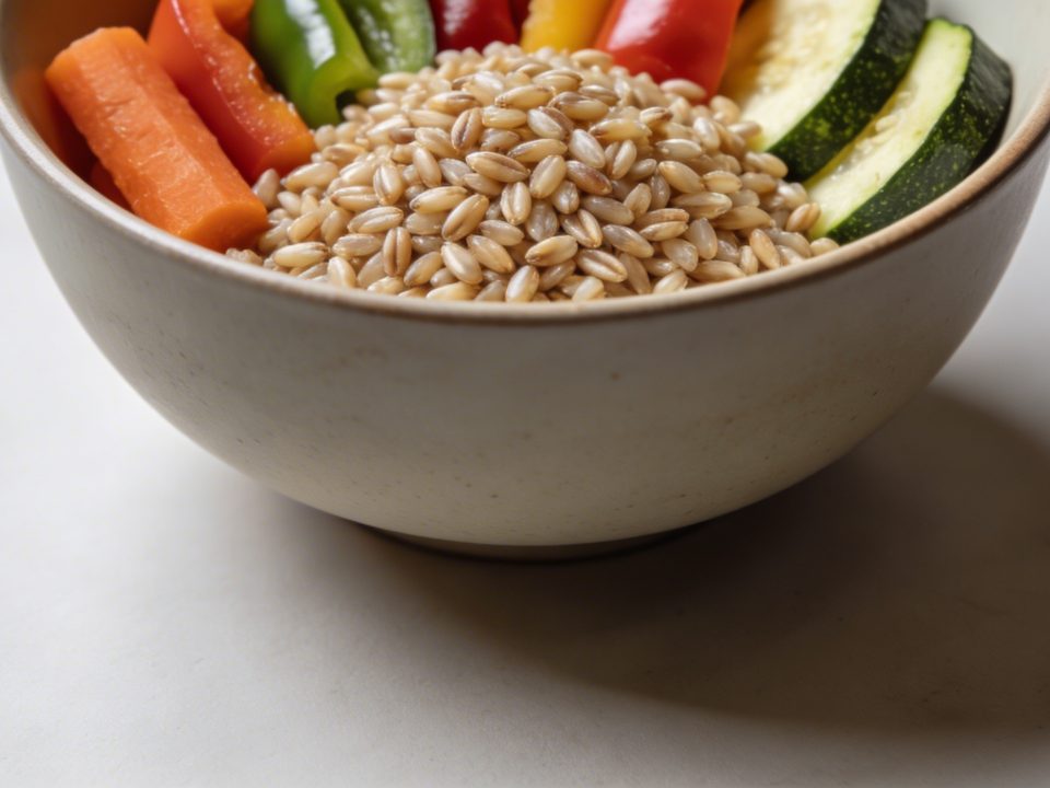 Bol de petit epeautre cuit avec legumes colorés