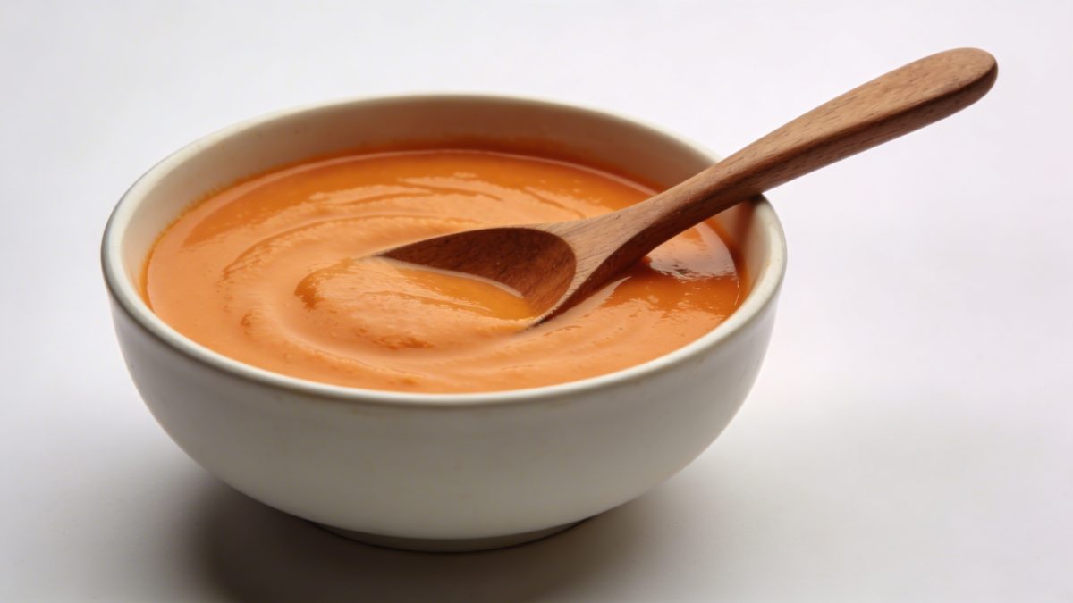 Bol de soupe orange cremeuse avec cuillere en bois