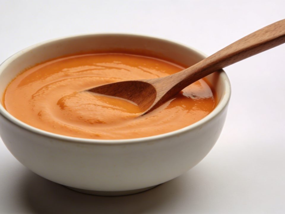 Bol de soupe orange cremeuse avec cuillere en bois