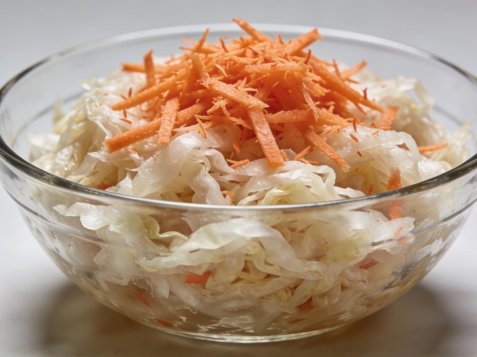 Bol en verre de choucroute crue avec carottes râpées