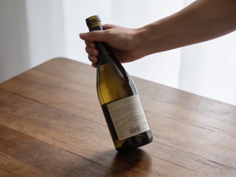 Main tenant une bouteille de vin 75 cl sur table