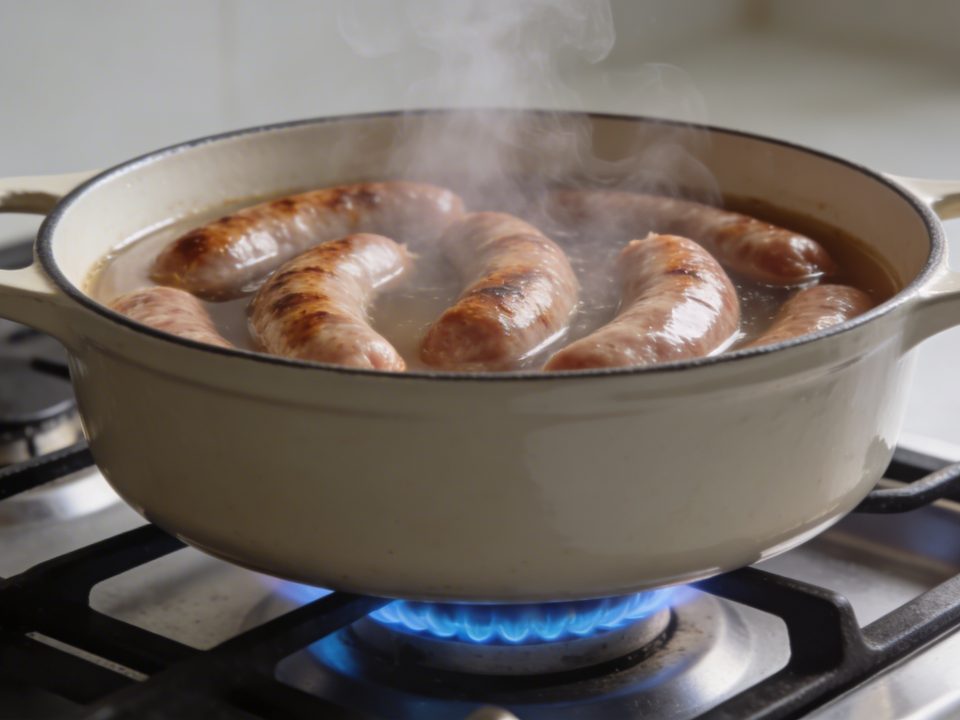 Casserole fumante sur gaz avec andouilles immergees