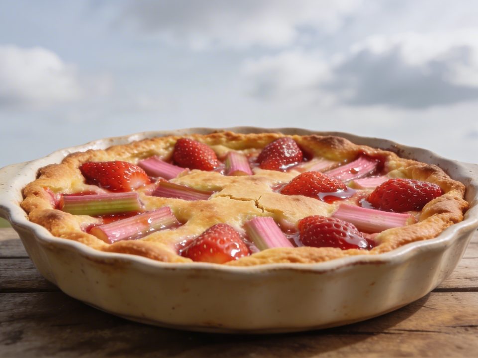 Clafoutis aux cerises sans les cerises : cette version printanière à la rhubarbe et à la fraise est encore meilleure que l'originale
