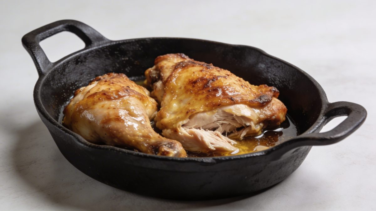 Cocotte en fonte avec cuisses de poulet dorees