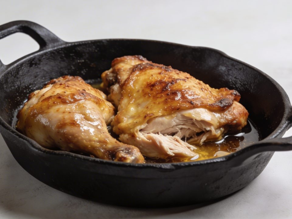 Cocotte en fonte avec cuisses de poulet dorees