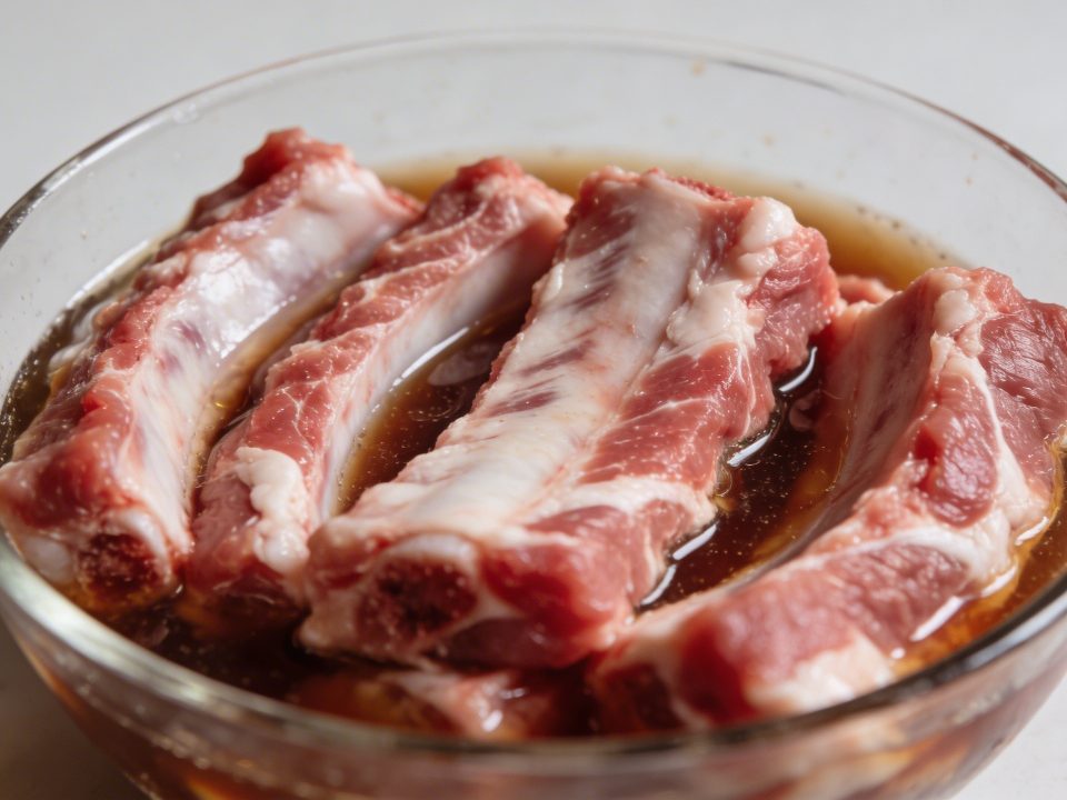 Cotes de porc crues dans bol de marinade