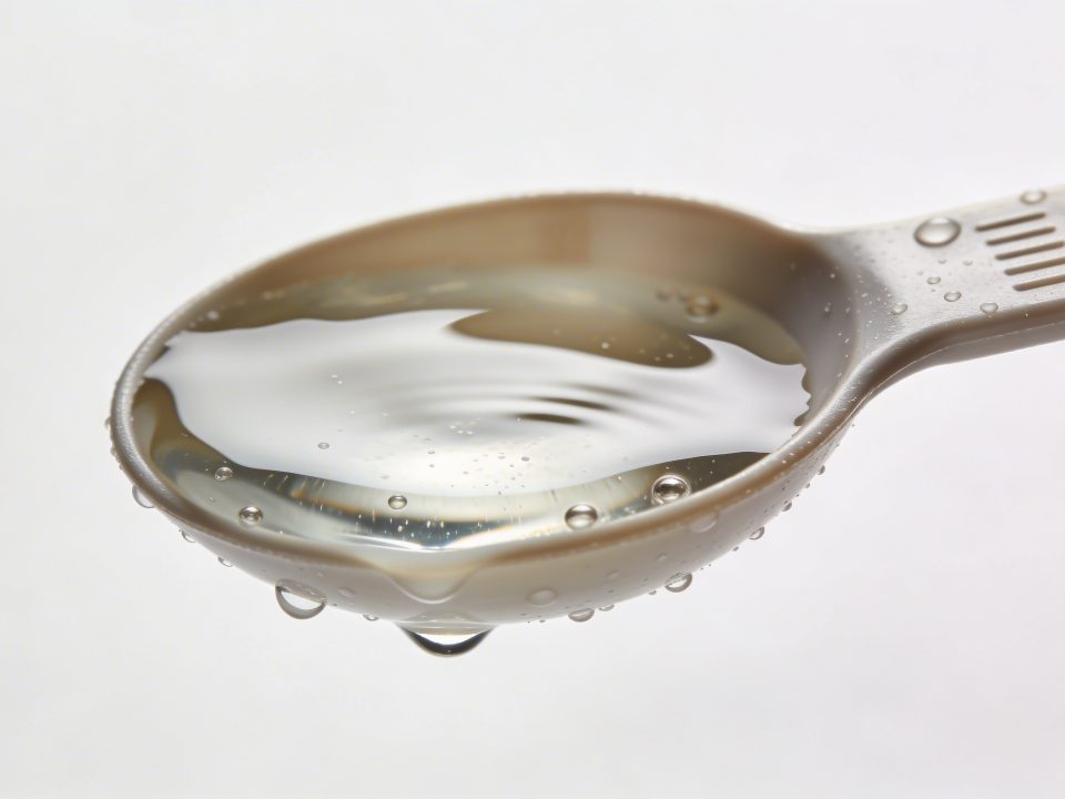 Petite cuillere doseuse remplie d eau sur fond blanc