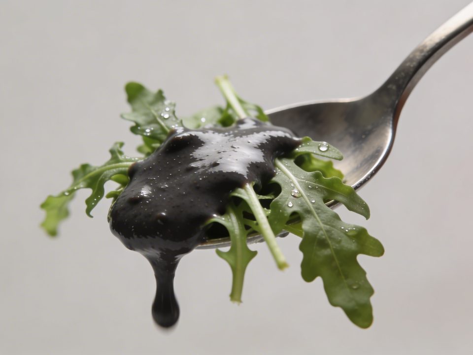 Cuillere nappant salade de roquette avec creme sombre