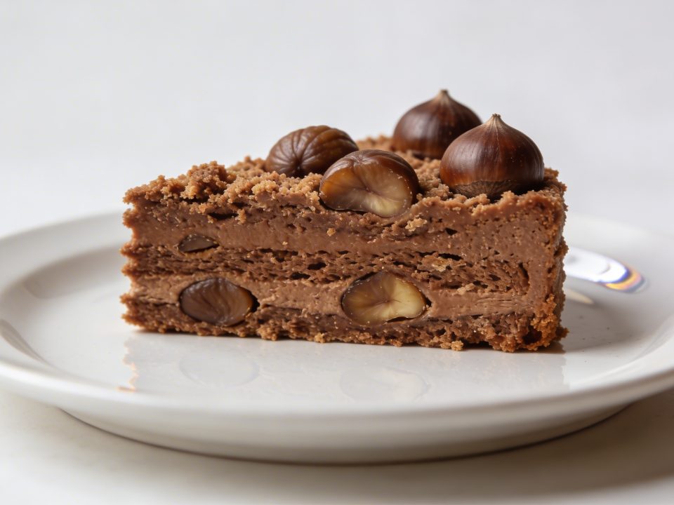 Part de gateau brun aux chataignes sur assiette