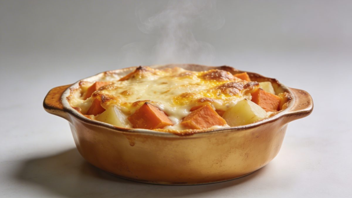 Plat de gratin dore patates douces pommes de terre