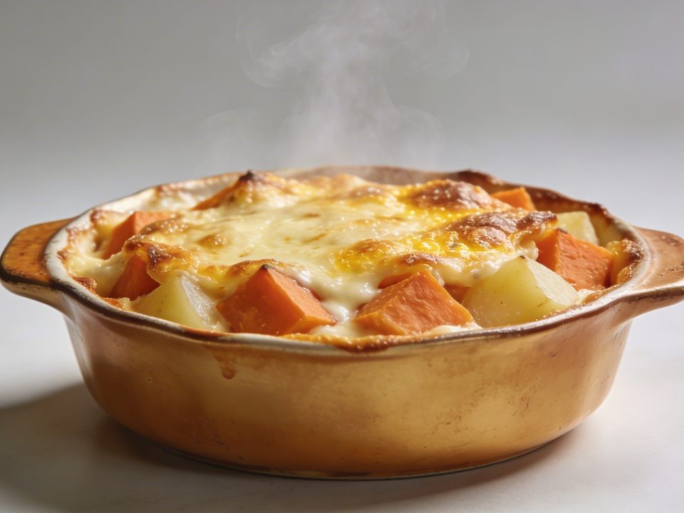 Plat de gratin dore patates douces pommes de terre