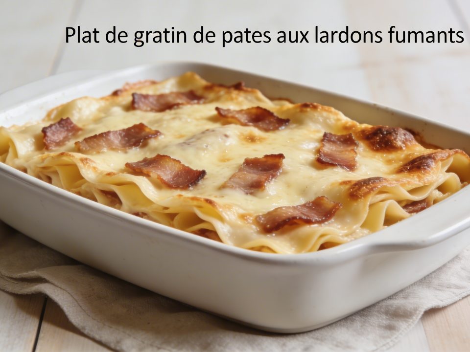 Plat de gratin de pates aux lardons fumants