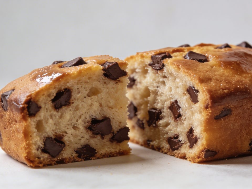 Gros cake dore tranche revele pepites chocolat