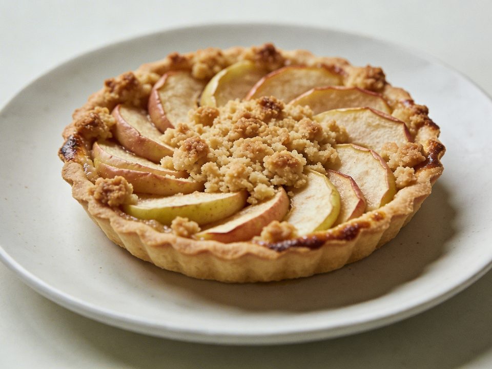 Gros plan tartelette aux pommes crumble sur assiette