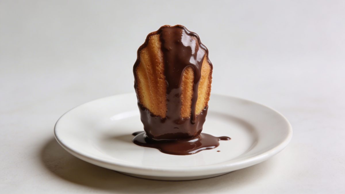 Madeleine trempee dans chocolat brillant sur assiette