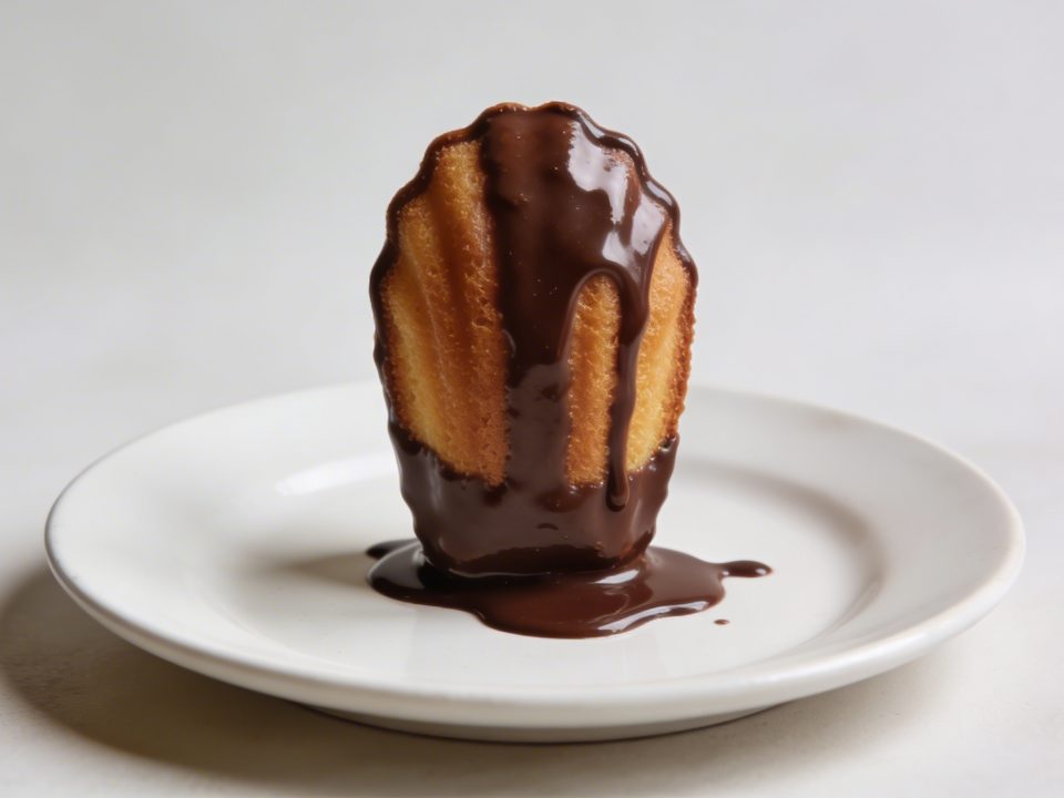 Madeleine trempee dans chocolat brillant sur assiette