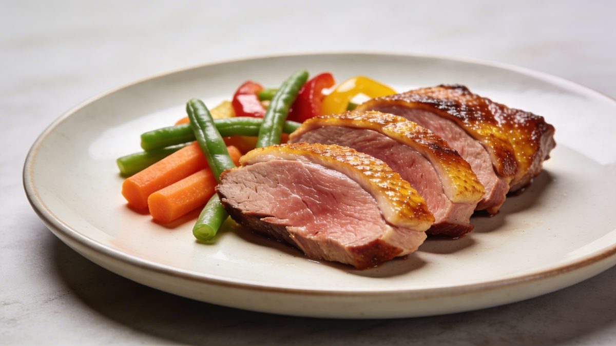 Assiette de magret de canard tranche avec legumes colores