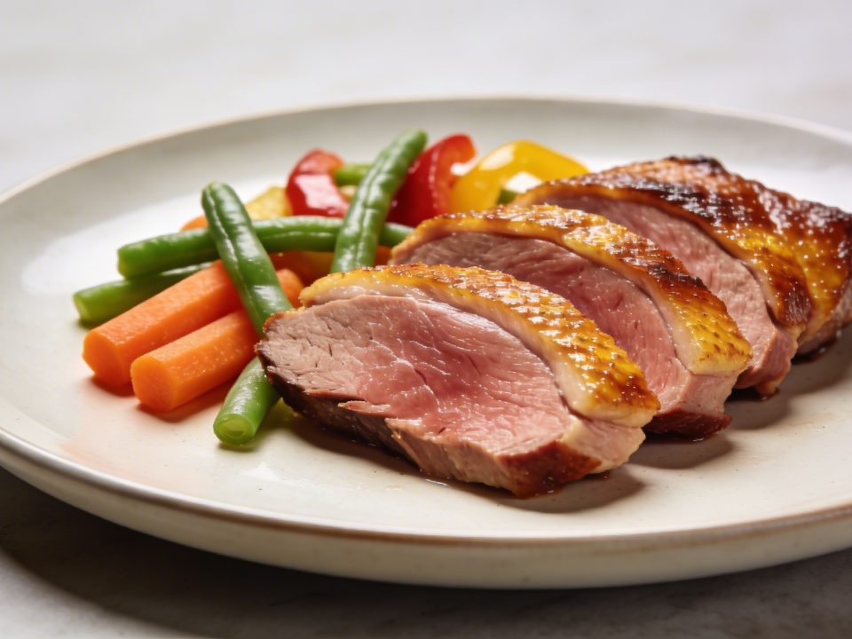 Assiette de magret de canard tranche avec legumes colores