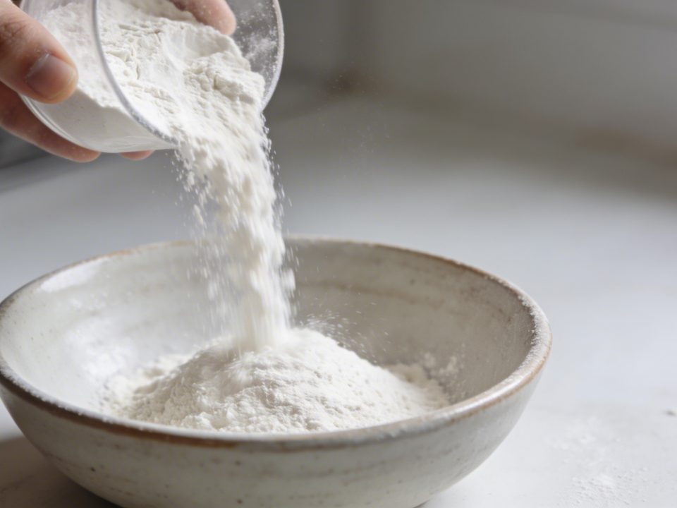 Main de cuisine versant farine blanche dans bol