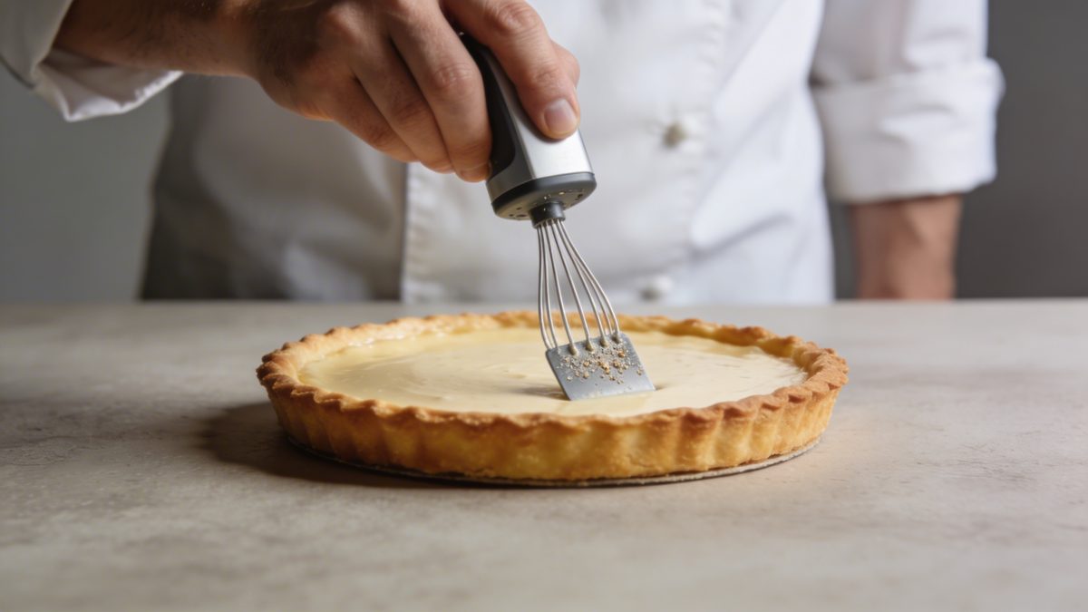 Main de cuisinier versant appareil sur fond de tarte