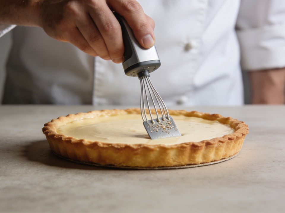Main de cuisinier versant appareil sur fond de tarte
