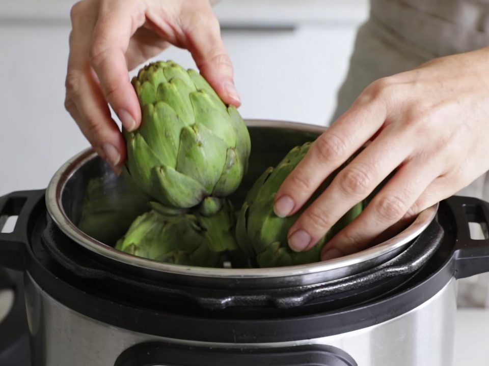 Mains plaçant des artichauts verts dans cocotte-minute