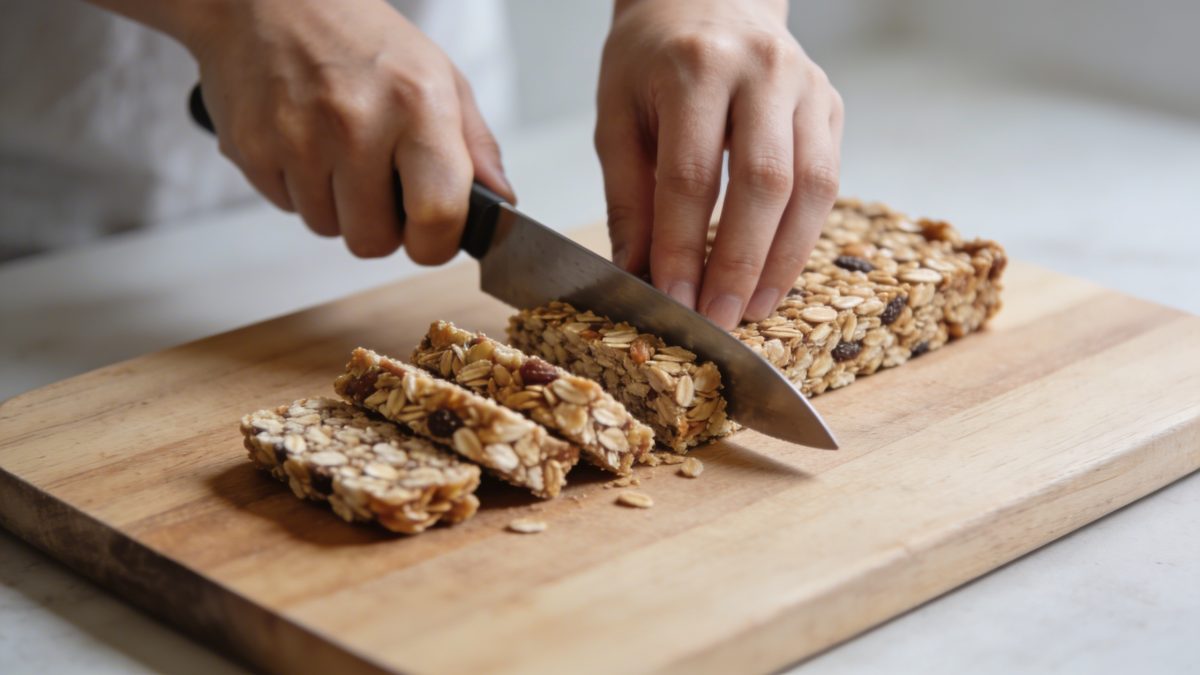 Mains decoupant barres de cereales maison sur planche