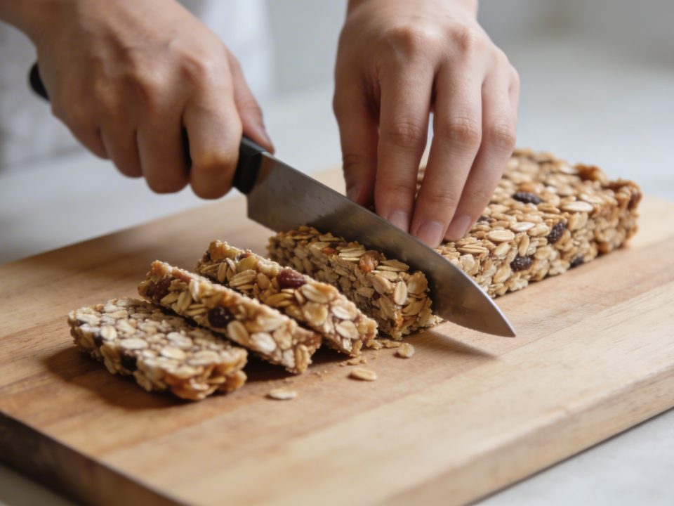 Mains decoupant barres de cereales maison sur planche
