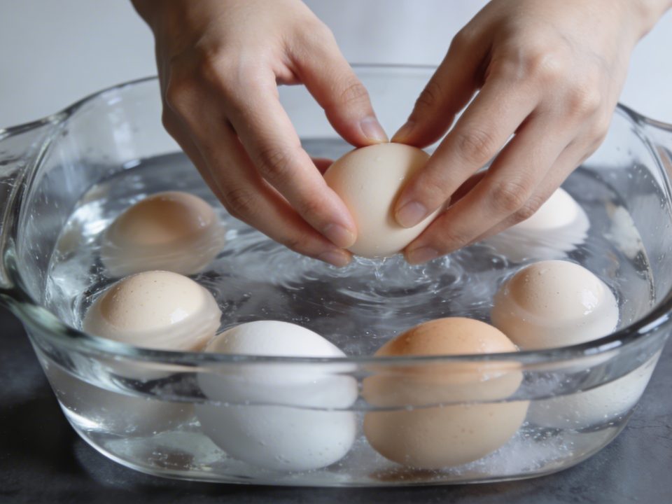 Mains deposant des oeufs dans casserole eau froide