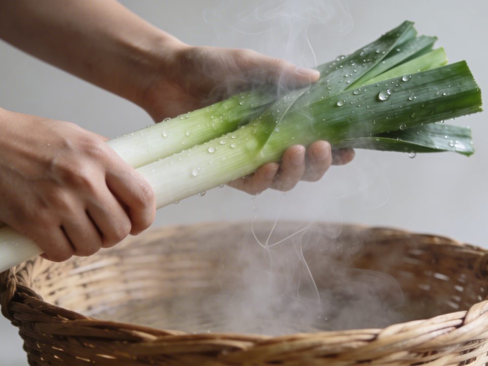 Mains disposant des poireaux sur panier vapeur fumant