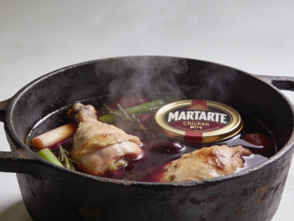 Marmite en fonte avec poulet mijotant au vin