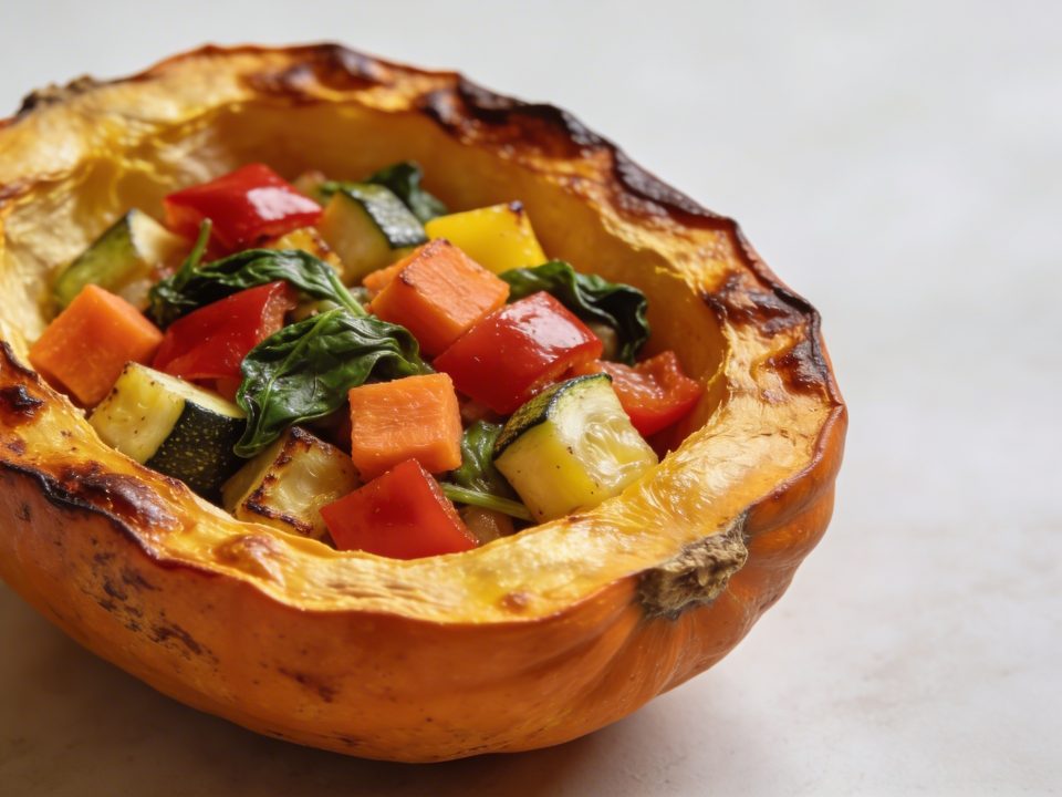 Moitié de courge rôtie garnie de légumes colorés