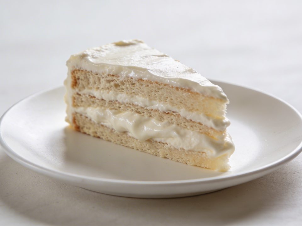 Part de gateau a la creme coupe sur assiette blanche