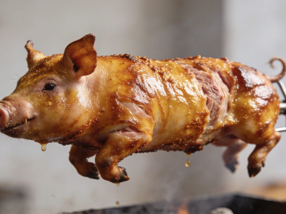 Petit cochon entier dore tournant sur broche