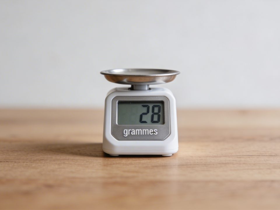 Petite balance de cuisine affichant 28 grammes