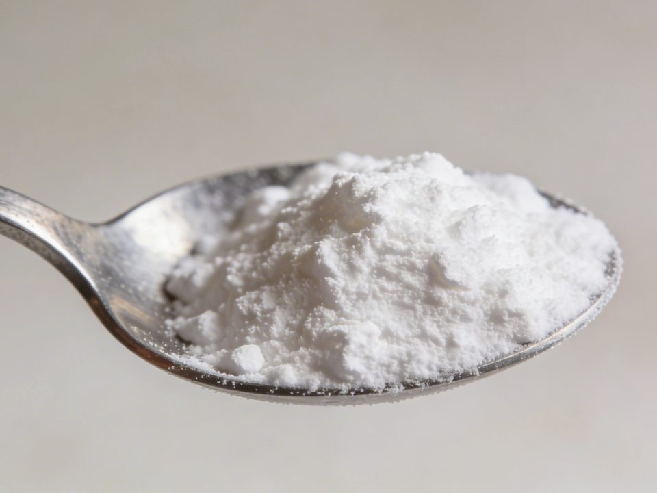 Petite cuillere metalique remplie de poudre blanche