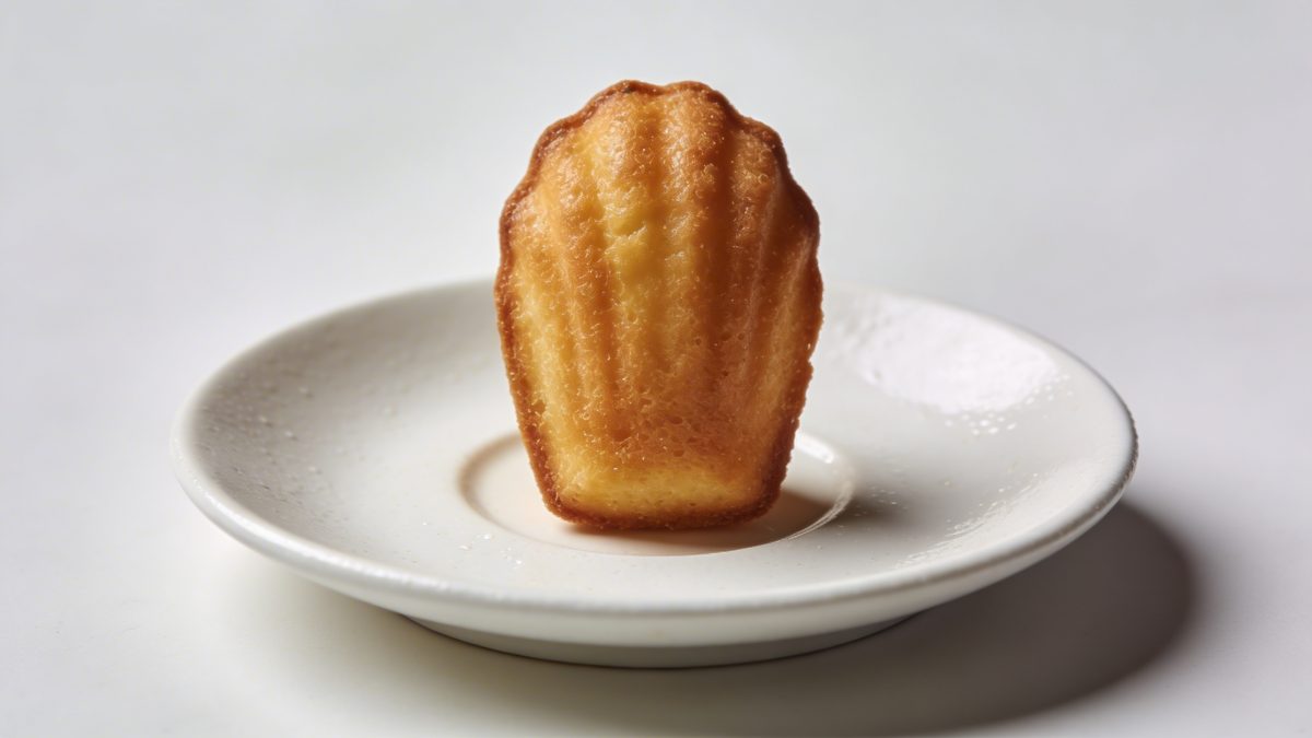 Petite madeleine doree sur soucoupe blanche