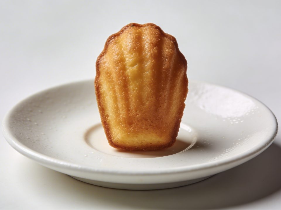 Petite madeleine doree sur soucoupe blanche