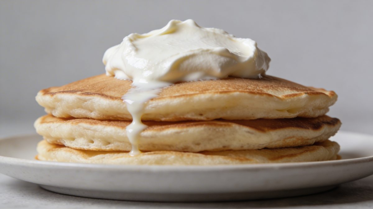 Pile de pancakes epais garnis de fromage blanc