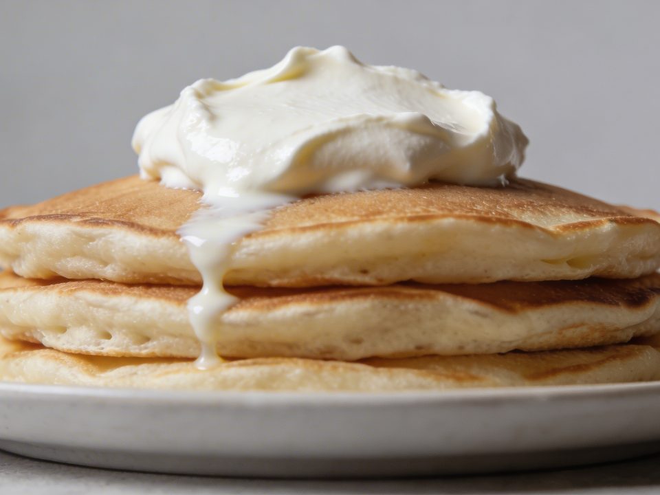 Pile de pancakes epais garnis de fromage blanc