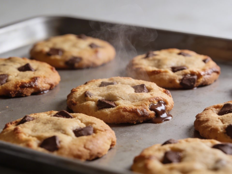 Plaque de cookies dorés aux pepites sortant du four